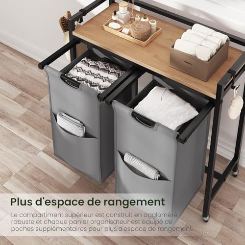 Panier à Linge à 2 Compartiment, Meuble Panier à Linge sur Roulettes, 40L/Panier, Sac Amovible et Extensible, en Oxford, 70x30x71cm, Chêne Clair+Noir