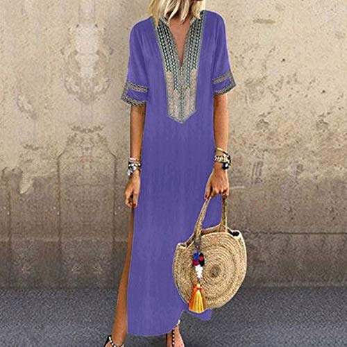 Women's Floral Printed Cotton Linen Short Sleeve Solid Loose V Neckline Boho Long Dress Kaftan Casual Dress Purple