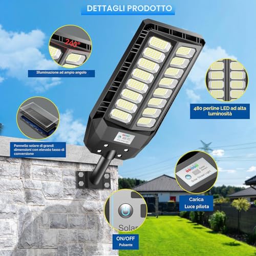Adewalk 800 W Outdoor LED Solar Street Light with Remote Control, IP66 Waterproof Solar Street Light with Motion Sensor, 6500 K Super Bright Outdoor Garden Lights for Garage Road