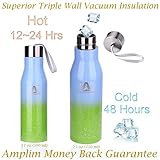 Amplim Triple Wall Vacuum Insulated Stainless Steel Sports Water Bottle. Ice Cold for 48 Hours! FDA Approved Food-Grade Materials, BPA Free, Eco-Friendly Travel Flask. 17 oz Green Blue