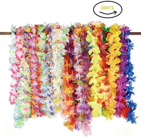 36PCS Tropical Hawaiian Luau Leis Flower Necklaces Mahalo Floral Summer Pool Beach Wedding Party Favors Supplies Decorations
