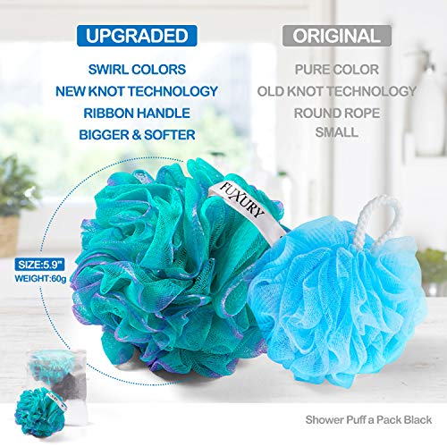 Fuxury 5 pcs Bath Sponges Shower Loofah Swirls Color Set, 4 pcs 60g Mesh Pouf + 1 pcs 20g for Baby or Face Washing