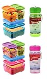 Rubbermaid Lunch Blox and Refill Reuse Bottles Set - 2 Sandwich Kits, Pink/Purple/Green & Blue/Orange/Green with 14oz Refill Reuse Bottles (Pink & Green)