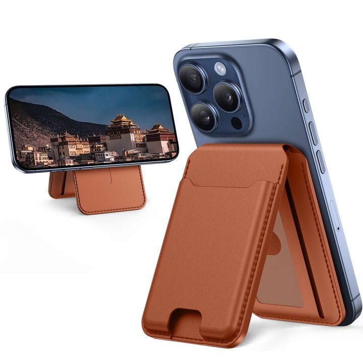Miracase for MagSafe Wallet (Stand Series), Magnetic Force 3000Gs,5-Card Holder, for iPhone 17/16/15/14/13/12 Series, Not for 13 Mini/12 Mini, RFID Blocking, Brown