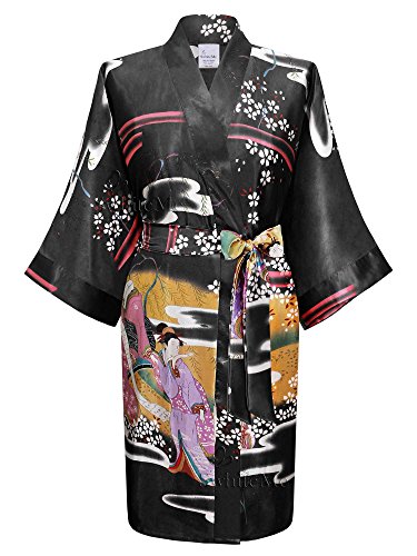 Swhiteme Women's Kimono Robe, One Size, Geisha, Black, KPS02