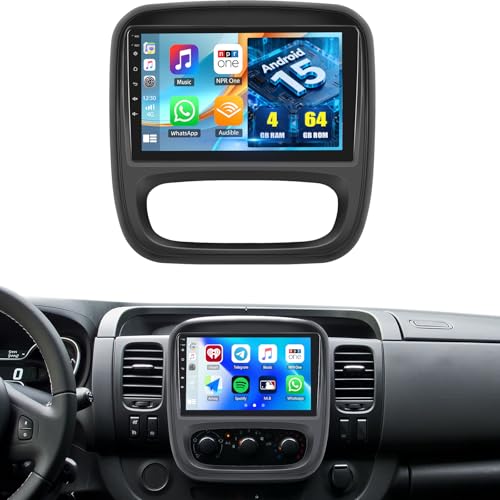 CAMECHO [4+64G] Android 15 Carplay Car Radio for Renault Trafic 3 2014-2021/Opel Vivaro B 2014-2018, Nav Carplay Android Auto, 9'' Touch Screen Bluetooth Radio Link Mirror WiFi FM/RDS EQ+Camera