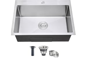 TSIBOMU 28 Inch Drop in Kitchen Sink, 18 Gauge 304 Stainless Steel Topmount Single Bowl Single Faucet Hole Handmade Kitchen Sink, 28" x 18" x 9"