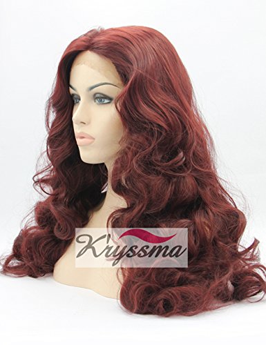 K'ryssma Deep Burgundy Synthetic Body Wave Wigs for Women Lace Front Long Wavy Wig Half Hand Tied Heat Resistant 24 Inch