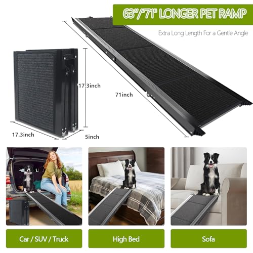 RUBLELITIE - Rampa para perros para coches, SUV, camión, 17.3 x 71 pulgadas, resistente plegable, amplia escaleras para mascotas con superficie antideslizante, diseño plegable portátil para perros
