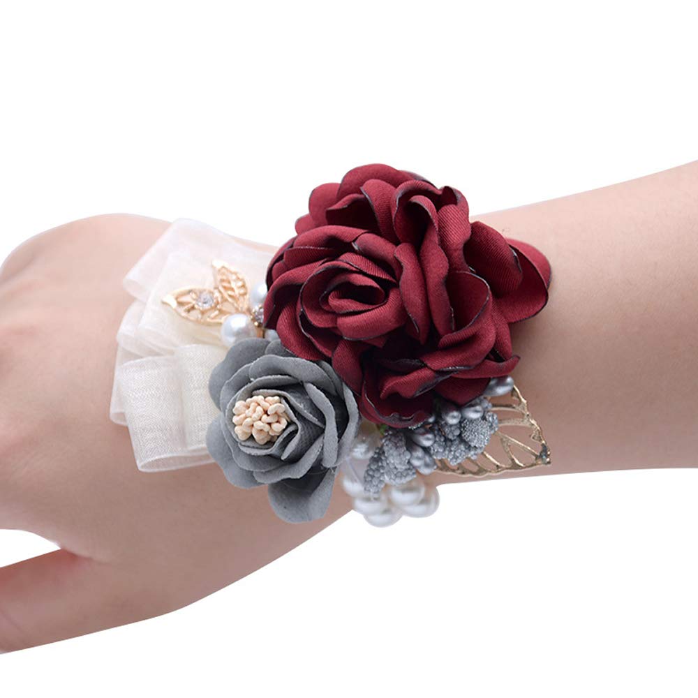 Shiwaki Wedding Supplies Decoration Girl Bridesmaid Wrist Flower Prom Party Small Pink Tea Wrist Wedding Flower Decoration Gift (Wine Red)