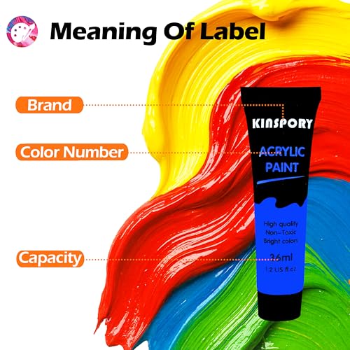 KINSPORY Acrylic Paints 24 x 35 ml with 4 Brushes – Waterproof, Certified Safe, Acrylic Paint – for Canvas, Wood, Glass, Stone – Ideal for Artists, Beginners and Children