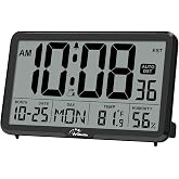 WallarGe Auto Set Digital Wall Clock Battery Operated, Auto DST | Desk Clock with Temperature, Humidity and Date, Large Display Digital Calendar Alarm Clock for Bedroom, Office, Classroom