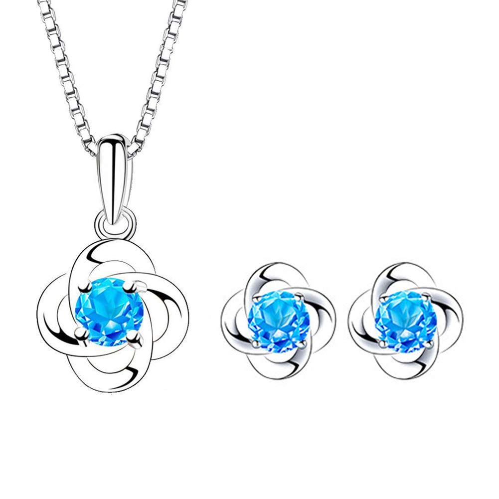 Kamise Womens Jewellery Set, 925 Sterling Silver Blue Clover Earrings and Necklace Sets for Women, Hypoallergenic Small Sleeper Stud Earrings Pendant Necklaces, Engagement Jewellery Birthday Gift