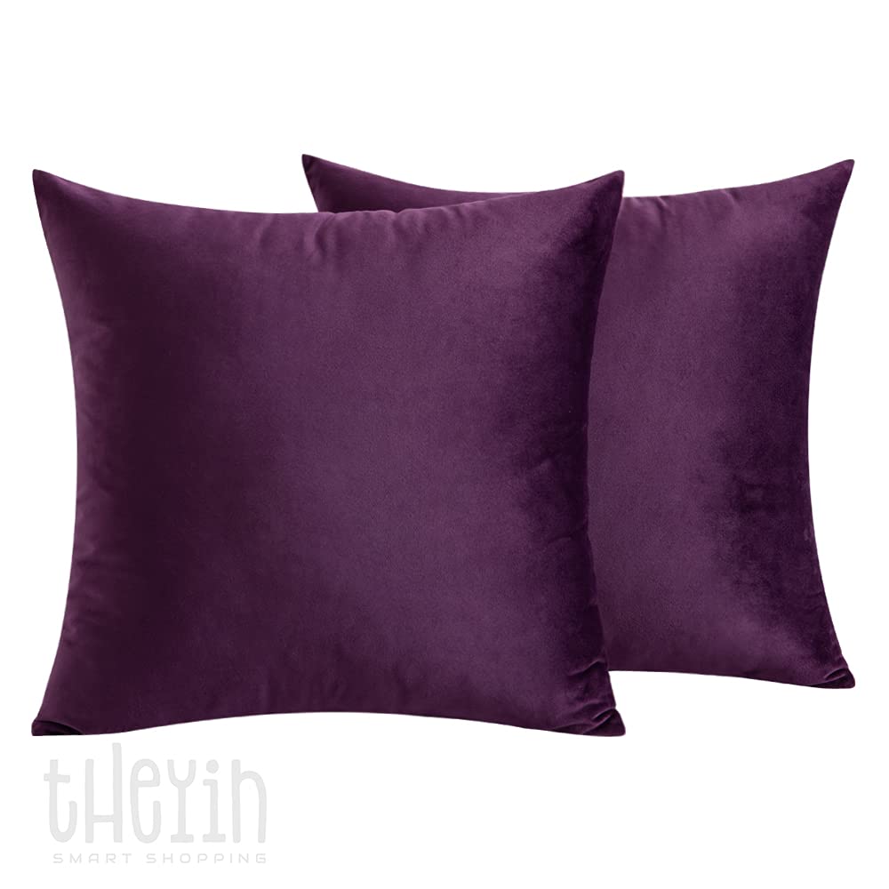 THEYIN Cushion Cover Pack of 2 Velvet Soft Square Throw Pillow Case Cushion Covers Luxury Pillowcases for Sofa Bedroom Livingroom 18x18 Inch 45x45cm throw pillow case (Aubergine)