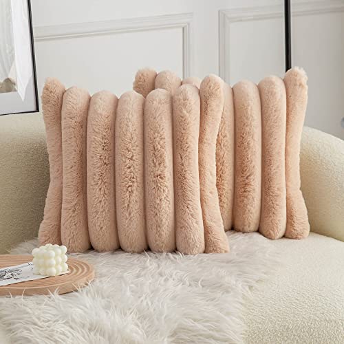 Photo 1 of Neelvin Camel Faux Fur Cozy Soft Striped Decorative Throw Pillow Covers 24x24 inch Set of 2,Velvet Pillowcase Cushion Case for Sofa Couch