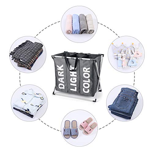 Hosroome 3 Sections Laundry Hamper Laundry Baskets with Aluminum Frame (24.5"x 15"x 23") Dirty Clothes Bag for Bathroom Bedroom Home College Use,Grey