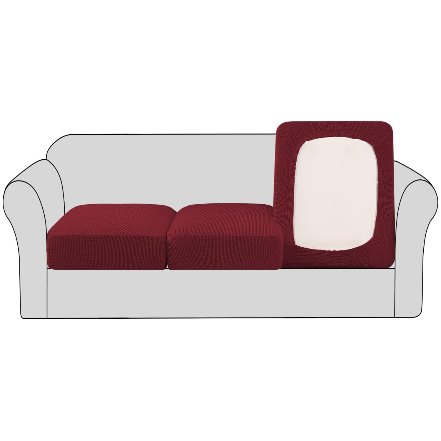 BellaHills Stretch Sofa Seat Cushion Cover Sofa Couch Cushion Furniture Protector Sofa Slipcover with Elastic Bottom Spandex Jacquard Fabric Small Checks(3 Pieces, Burgundy Red)