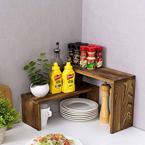 MyGift Rustic Burnt Solid Wood Kitchen Corner Shelf, Countertop Storage