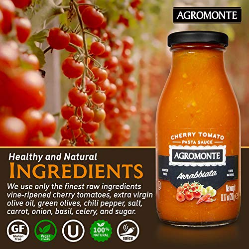Agromonte Authentic Italian Cherry Tomato Pasta Sauce (Arrabbiata)- Taste of Italy Gourmet Foodie and Chef Gift - Certified Kosher, Gluten-Free, All Natural, Spicy Sauce 9.17oz (single)