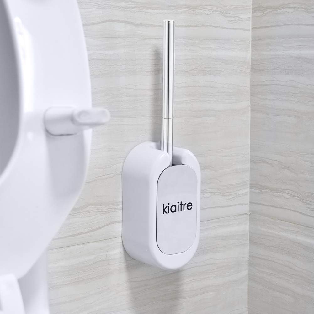 Qingsheng Toilet Brush and Holder, Wall Mount Hideaway Compact Toilet Brush with Stainless Steel Grips and Self Opening Closing Lid