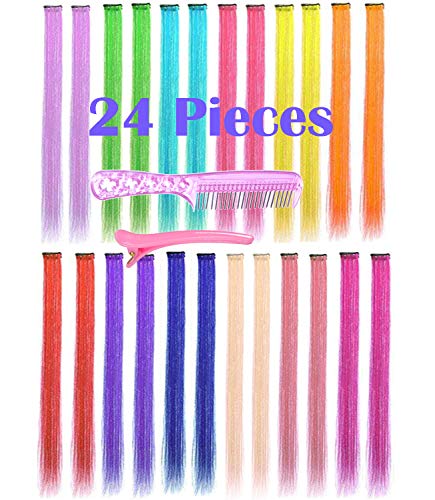 Colorful Hair Extensions Clip in Rainbow Hairpiece 24 Pieces Party Highlight Synthetic Straight Long Hair Accessories For Kids Girl Women Doll Colored Wig 22 Inches (Straight 24 Pcs)