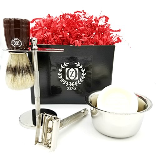 Premium Luxury DE Safety Razor Shaving Gift Set for Men, Shaving mug, Badger Brush, Razor Stand Gift for Father Husband Beautiful Packed In a Box Men Grooming kit High Quality Stainless Steel Complete