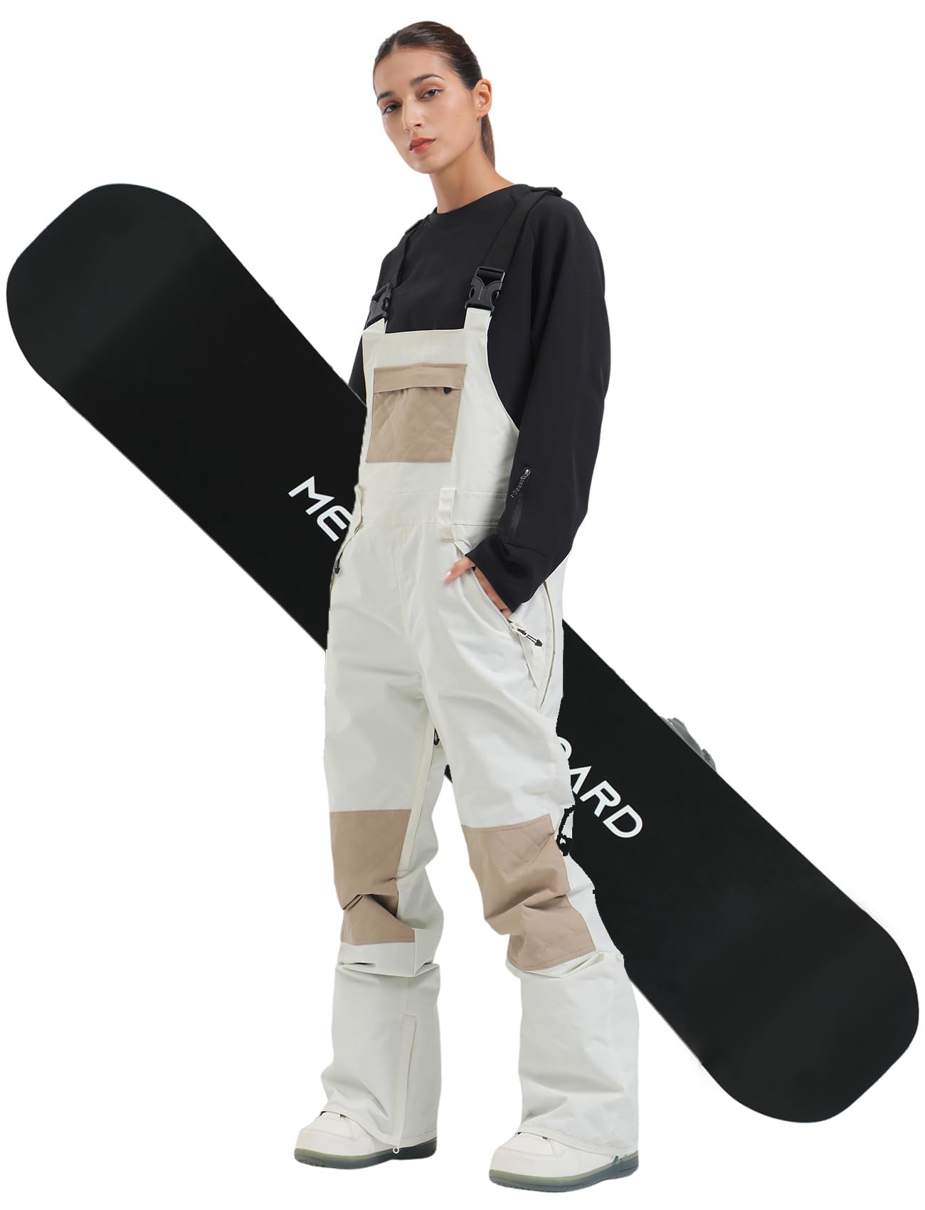 Photo 1 of GSOU SNOW Womens Ski Bibs Snowboard Bibs Pants Snow Overalls Waterproof Windproof Winter Outdoor Sports Insulated Warm Beige M