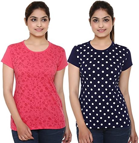 The Black Bee Printed Casual T-Shirt For Women's Pack of 2 (Medium, Multi)