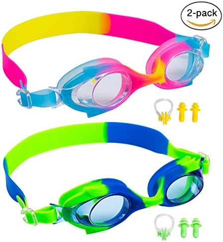 Kid Swim Goggles,Swimming Glasses for Children and Early Teens from 3 to 15 Years Old, Anti-Fog, Waterproof&amp;UV Protection,With Ear Plugs and Nose Clip,2 Pack By Gowave