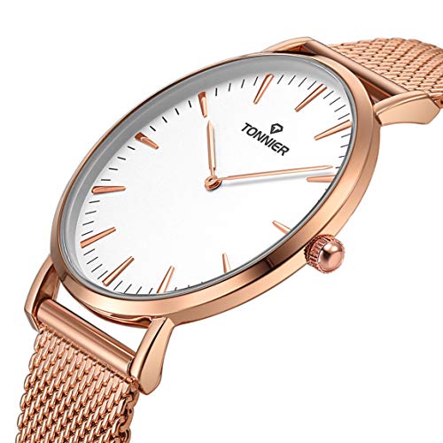 Tonnier Rose Golden Stainless Steel Mesh Band Super Slim Men Watches Quartz Watch
