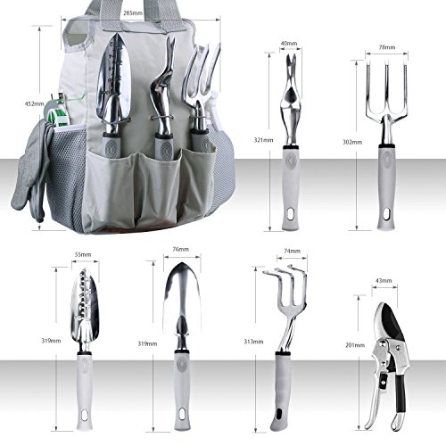 NOUVCOO Upgraded Garden Tool Set with Plant Ties,10 Pieces Stainless SteelÂ Hand Tool Kit,Durable Storage ToteÂ Bag,Pruner,Shovel,Fork,Rake,Shears,Weeder,Gloves,Water Sprayer,Plant Ties NC24