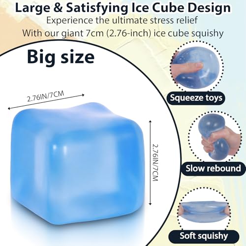 7cm Jumbo Ice Squeeze Toy, Slow Rebound Stress Reducing Sensory Toy, Anti-Anxiety Tool for Adults and Kids, Squeeze Cube for Pressure Relief (Blue)
