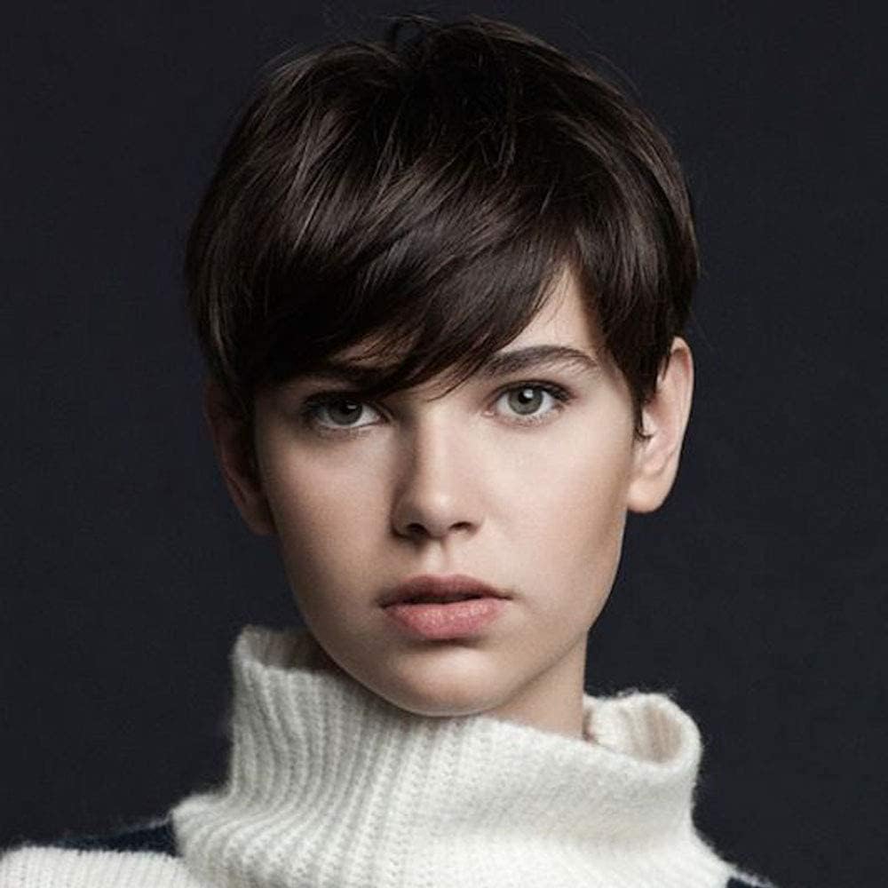 Creamily Short Brown Wigs, Short Pixie Cut Wig with Bangs for Women Natural Layered Synthetic Short Hair Wigs for Women Cosplay Party Daily Use