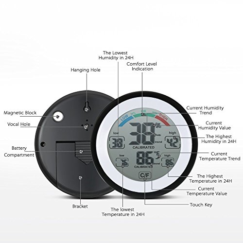 iBetterLife Hygrometer Thermometer, 2-in-1 Digital Temperature Humidity Gauge, Indoor Humidity Meter w/Large LCD Display, Touch Screen, MAX/MIN Records for Home, Car, Office, Greenhouse, Babyroom