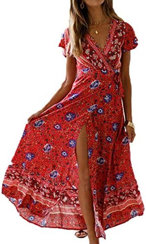 Alieyaes Women's Dresses Bohemian High Split V Neck Short Sleeve Ethnic Style Wrap Beach Maxi Dress