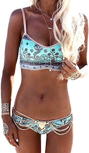 HIinPlus Bohemian Print Bikini Swimsuit for Women, Two Piece Swim Set - Light Blue M(US 8-10)