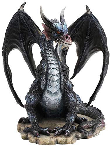 Rare Black Dragon Upon Rock Statue Figurine Sculpture
