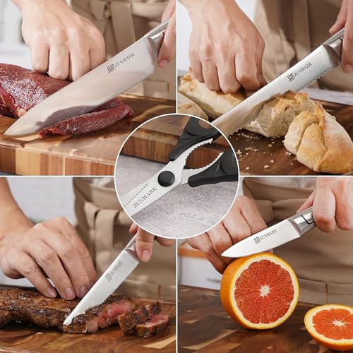 ZUNMARK Kitchen Knife Set, Professional 13 Piece Knife Set with Block and Sharpener, Sharp Chef Knife Set, Ideal for Home and Restaurants, Silver