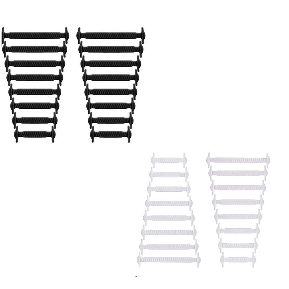 RECKNEY [2 Pairs Black & White No Tie Shoe Laces for Kids and Adults, Elastic Laces for Trainers, Silicone Tieless Flat Shoelaces for Running Shoes