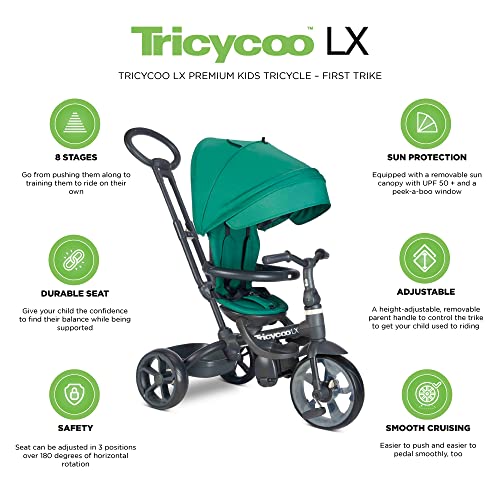 Joovy Tricycoo LX Premium Kids Tricycle with 8 Stages Featuring Chunky Front Tire, Removable and