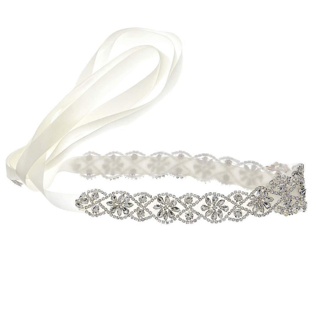 Amosfun Rhinestone Pearl Belt Women Crystal Wedding Belt Bridal Dress Sash for Girls Clothes Decor Party Stage Show Waist Jewelry Accessory(Silver)