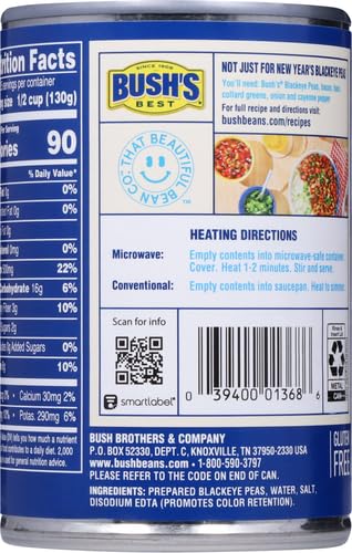 BUSH’S BEST CANNED BLACKEYE PEAS, SOURCE OF PLANT BASED PROTEIN AND FIBER, LOW FAT, GLUTEN FREE, 15.8 OZ