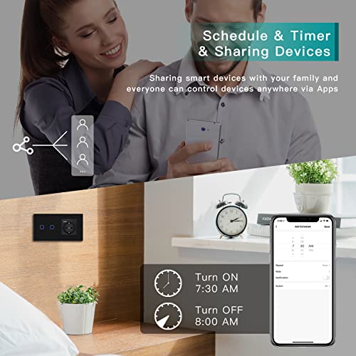 BSEED WiFi Smart Switch, Touch Switches with Glass, Compatible with Alexa, Tuya and Smart Life, Neutral Cable Required, 2 Gang 1 Way + 1 USB/Type C Plug, 157 mm Black