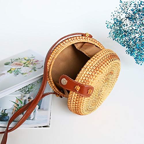 YOUTHUNION Rattan Bag Round Knitted Straw Bag Tropical Beach Style Crossbody Handwoven Tote Basket Bali Leather Strap Bags (Style 6) - Image 4