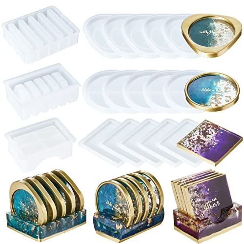 Coaster Silicone Molds for Epoxy Resin,18PCS Coaster Epoxy Resin Molds Silicone Set Including Round Coaster Molds, Square Coaster Molds, Round Triangle Coaster Molds, Coaster Molds for Resin Casting