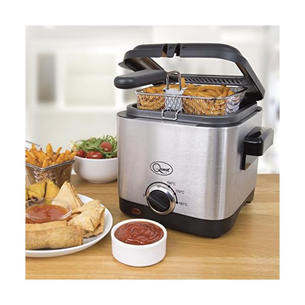 Quest-34250-Brushed-Square-Deep-Fat-Fryer-Compact-Non-Stick-Coating-Stainless-Steel-15-Litre-900W Quest 34250 1.5 Litre Stainless Steel Deep Fat Fryer / 130-190°C Adjustable Temperature / Lid Cover & Viewing Window…
