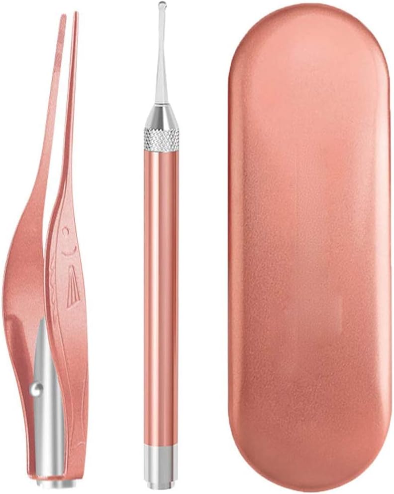 3 Pack Ear Wax Removal Tool with Light-Ear Pick Cleaner Kit for Humans,Earwax Spoon Digger & Tweezers for Ear Health Care Gift Set with Case (Gold)