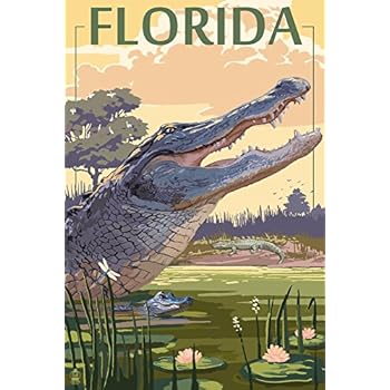 Florida - Alligator Scene (24x36 Giclee Gallery Print, Wall Decor Travel Poster)