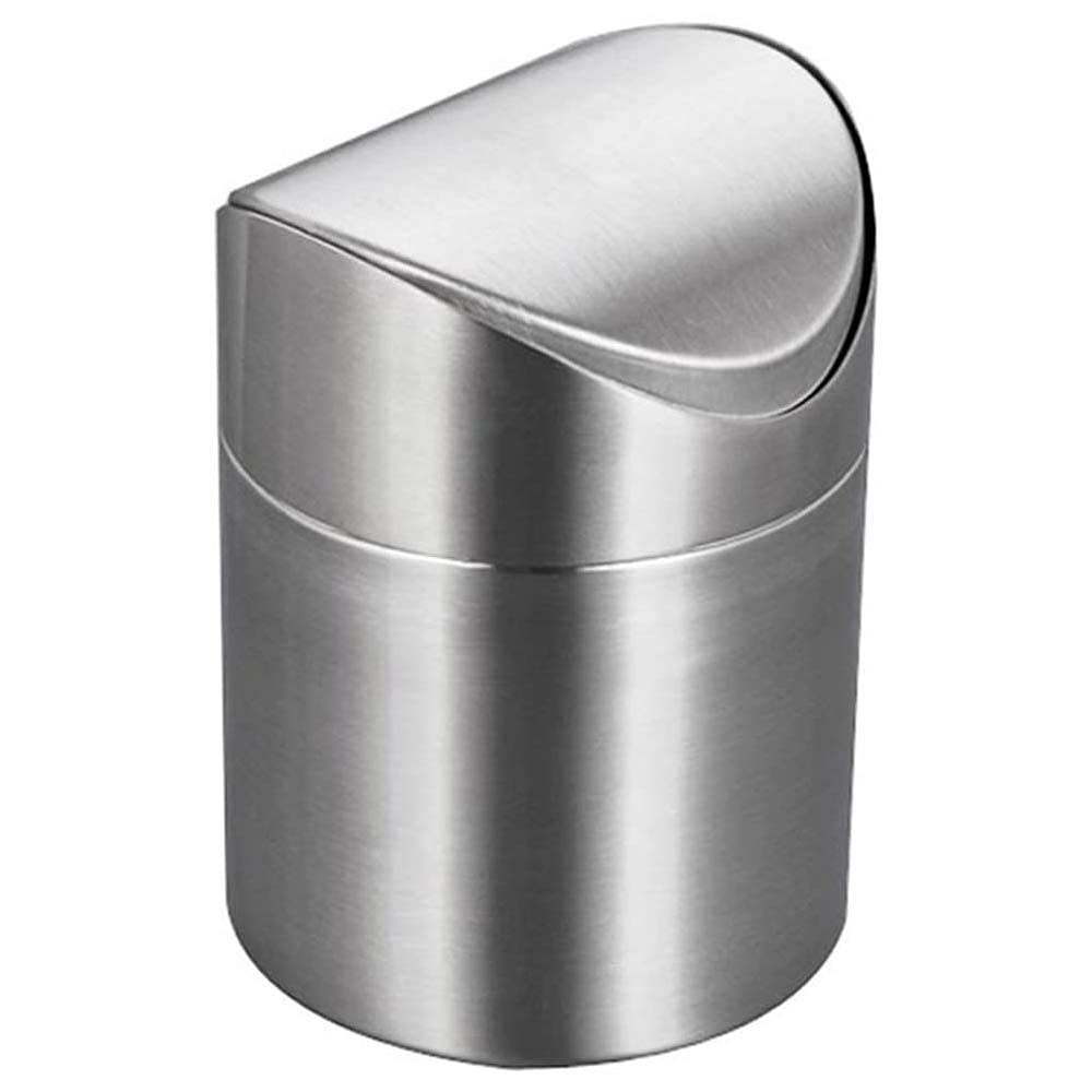 ETRAVEL Mini Desktop Bin with Lid, Brushed Stainless Steel Swing Bin, Trash Can Small Desk Indoor Dustbins Car Desk Office Bathroom Kitchen Waste Pods Tea Bags 13 * 13 * 18CM 1.7L