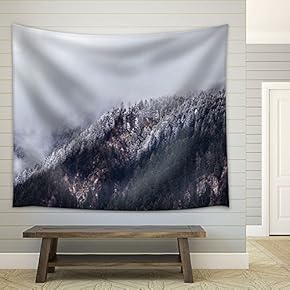 Mountain with Snow Covered Pine Trees - Fabric Wall Tapestry Home Decor - 51x60 inches